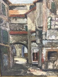 Pat Posserini. "Paisaje" Expressionism oil on canvas Italian village. Signed lower right recto and titled verso.