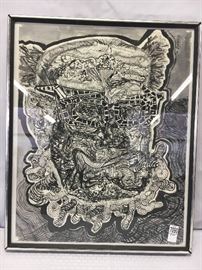 Nicholas Sperakis. "Disembodied Head with Glasses". Original ink drawing. Signed recto. Original gallery tag verso. 