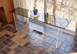 BUY IT NOW!  Lot #105, Lucite Console Table with Smoky Glass Top, $300