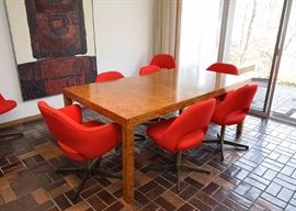 BUY IT NOW!  Lot #111, Burl Wood Dining Table (Red Chairs are NOT for Sale), some damage/scratches on the top, $1,000
