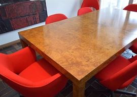 BUY IT NOW!  Lot #111, Burl Wood Dining Table (Red Chairs are NOT for Sale), some damage/scratches on the top, $1,000