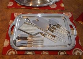Silverplate Serving Platter & Vintage Lucite Handled Utensils