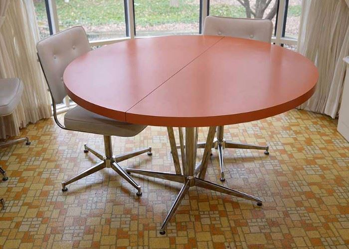 BUY IT NOW!  LOT #200, Vintage Kitchen Table (Creamy Orange/Peachy Laminate Top / Chrome Base with 1 Leaf) & 6 Chairs (White Tufted Vinyl & Chrome), Very Good Vintage, Pre-owned Condition, $300 (Measures approx. 48" dia without leaf x 29" H)