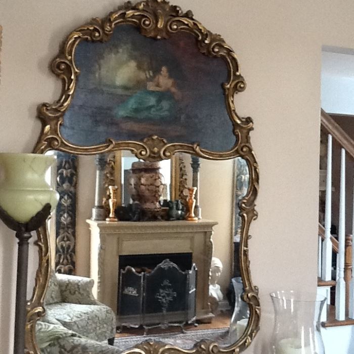 Antique Mirror.    Oil painting on top.   