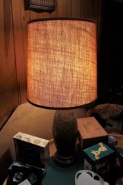 Vintage MCM cork table lamp w/ original burlap shade
