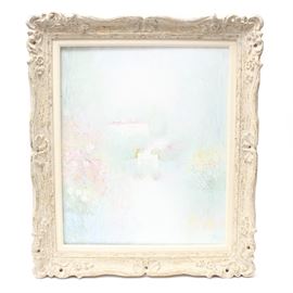 Yolanda Razzeto Original Framed Oil Painting: A framed and signed original oil painting by Yoli. Yoli is the nom de plume of Yolanda Razzeto (born 1948) an artist from Peru. This painting titled, Manor’s Landing, depicts in soft pastel tones a house and dock at a waterside. There are soft florals at the water’s edge and at the dock. This painting, rendered in oil on canvas, comes framed and with a certificate of authenticity. It is signed in the lower right corner.