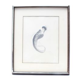 Odilon Redon Lithograph "Femme Sirene": A lithograph by well-listed artist Odilon Redon (Bordeaux 1840 – Paris 1916), titled Femme Sirene. This print is rendered in black ink on white paper. It depicts a female human figure with a fish tail. The work is not signed. Written on the back in pen is, “Woman coiffed with a toque throwing her chest backward. Un Coup de Dés Jamais N’Abolira Le Hasard 1898”. The lithograph was intended to illustrate a poem by Stéphane Mallarmé titled Un coup de dés jamais n’abolira le hasard; however, the book was never completed. The print comes framed behind glass, ready to hang.