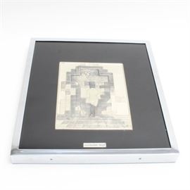 Framed Sculpture in Silver After Salvador Dalí's "Gala": A silver sculpture after surrealist artist Salvador Dalí (1904-1989) work titled Gala. This bas relief is rendered in sterling silver and depicts a central female figure standing at a geometric blocked wall. The work has been set on black velvet and framed behind glass in a silver metal shadow box frame. Within the frame is also a metal marker reading, “Salvador Dalí”. On the reverse is a certificate detailing this work as “specimen number B 256/500”.