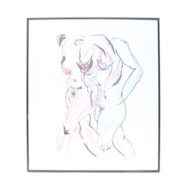 Framed Bushra Ink and Chalk Artwork: A framed and signed drawing by Bushra. This work depicts two figures overlapping. The forms are rendered in black ink and highlighted in pink and blue pastels. The work is signed near the lower left. This piece comes framed and ready to hang.