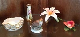 Porcelain florals, hand painted hat pin holder, Lefton porcelain snowbird. Great condition.