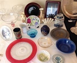 Assortment of vintage glassware and floral vases. Some are vintage, some are antique, some are unique, some are one of a kind. Ralston bowl, "Mm good"
