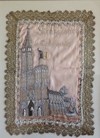 This beautiful handmade tapestry was brought over from France after World War I, 1918. Is in great shape and has maintained its elegant beauty. The title is Strasbourg Catheral.