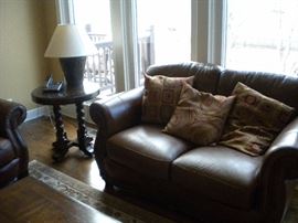 Famous Barr - Leather living room set.. Leather with rolled arms and nailhead trim. Sofa/couch, chair and loveseat.  Eddie Bauer coffee and end table