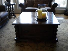 Famous Barr - Leather living room set.. Leather with rolled arms and nailhead trim. Sofa/couch, chair and loveseat.  Eddie Bauer coffee and end table. Pottery barn large area rug.
