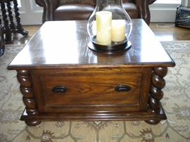 Famous Barr - Leather living room set.. Leather with rolled arms and nailhead trim. Sofa/couch, chair and loveseat.  Eddie Bauer coffee and end table. Pottery barn large area rug.