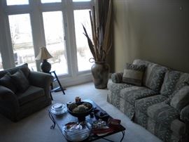 Matching tile top coffee and end table, This End Up Sofa/Couch and Velvet chair. Matching lamps