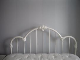 Queen white ornate iron bed head/footboard