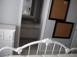 Queen white ornate iron bed head/footboard