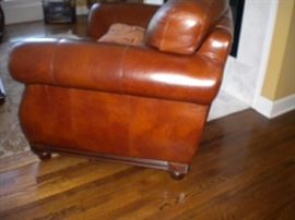 Famous Barr - Leather living room set.. Leather with rolled arms and nailhead trim. Sofa/couch, chair and loveseat.  Dining table and six chairs & China cabinet/Buffet/Hutch. Eddie Bauer coffee and end table. Pottery barn large area rug.