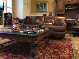 Leather Sofa on Casters, great marble top coffee table.