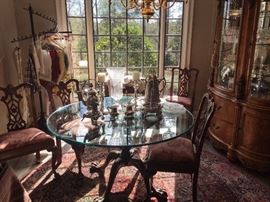Sherrill Glass Top Dining Table and 4 Chairs, Silver Plate Tilting Coffee Pot and Tea Pot.  Oh and by the Way that is an incredible 17"Tall Crystal Vase that weighs in at 10.5 lbs.  Possibly ABC we are still researching this piece. 