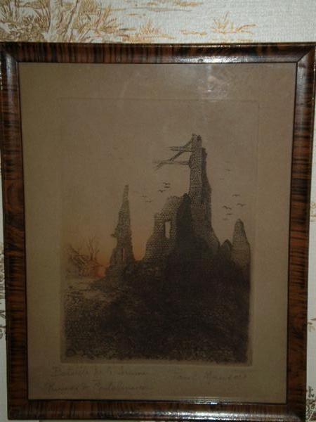 "Bataille de la Somme Ruines de Contalmaison" by Paul Mansard.  This is a hand tinted etching.
