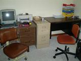 Desks, filing cabinet, office chairs