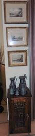 Framed etchings, pewter pitchers, antique curio cabinet
