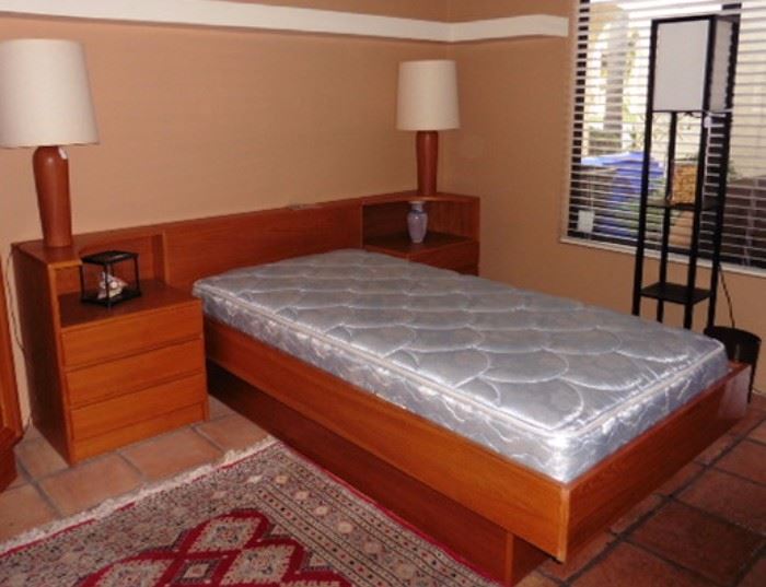 Twin bed frame, headboard, nightstands. Teak veneer