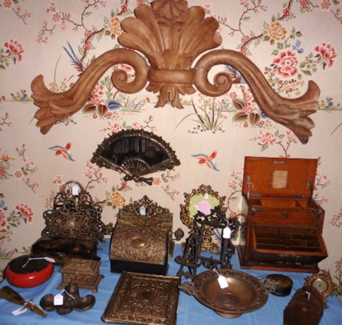 Antique brass desk accessories, frames