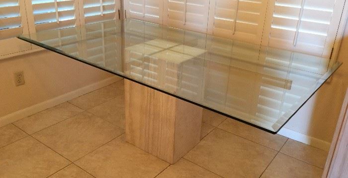 Travertine Base, Glass Top Dining Table w 2 Arm and 4 Side Chairs