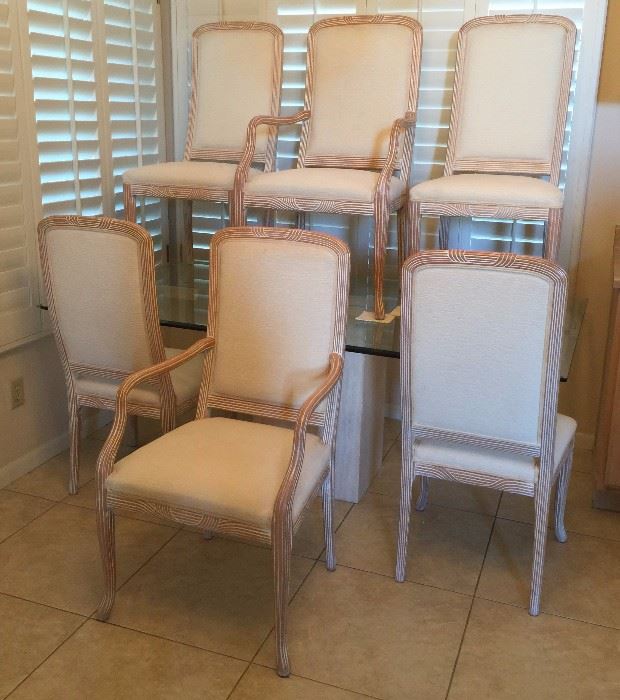 Travertine Base, Glass Top Dining Table w 2 Arm and 4 Side Chairs