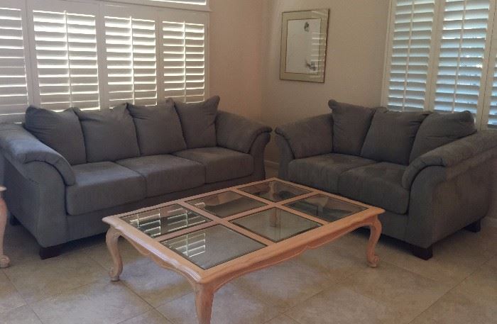 Sage Microfiber Sofa and Loveseat,(SOLD) Rustic Country Coffee Table w Glass Insets