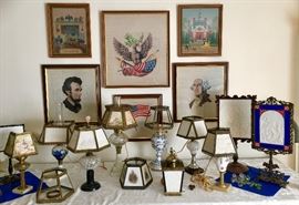 Large Collection of Antique Lithophane Lamps and Candle Screens