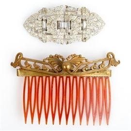 Victorian Hair Comb and Art Deco Brooch: A Victorian hair comb featuring an openwork brass frame with beautifully carved scrollwork and a red plastic comb. Also included is an Art Deco brooch/shoe clip with rhinestone accents. It is marked “Pat No. 1798867” (March 31, 1931) to the center and “Pat. 1852188” to each end (April 5, 1932).