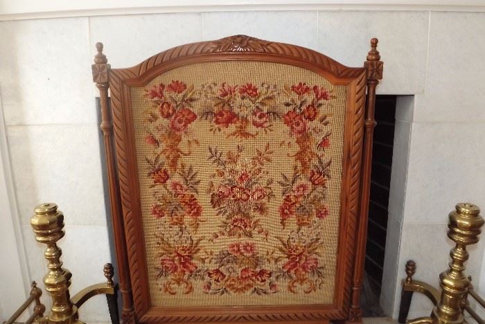 Detail of needlepoint fireplace screen