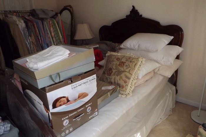 Bedding, clothes, full-sized headboard and mattress