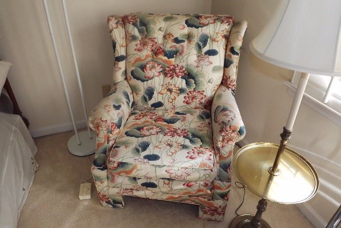 Upholstered arm chair, floor lamp