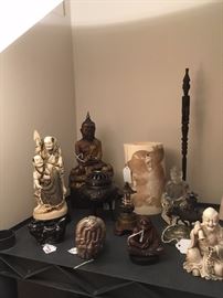 Carved Wooden Buddha, Bronze Incense, Carved Netske, and Carved Rock Crystal Buddha.