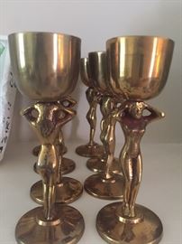 Vintage Art Deco Risqué Solid Brass Naked Woman Goddess Cordial Glass - two sets of 4