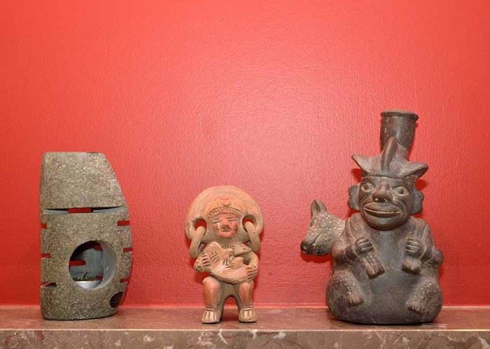 Stone Carved Votive Candle Holder & Reproduction Aztec Pottery Pieces