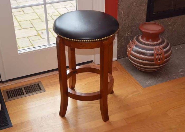 Wood Stool with Leather Top & Nailhead Trim