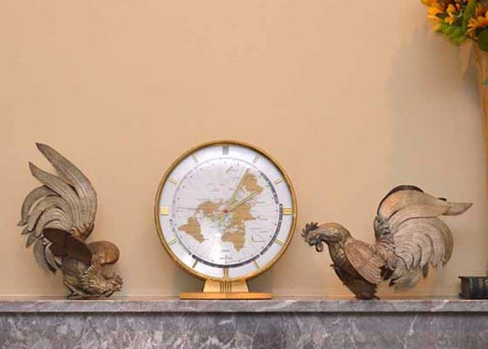Brass Fighting Rooster Figures & Kundo World Clock