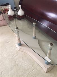 Oval glass top table with blue trim