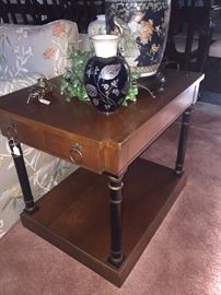 Two tiered rectangular end table; 1 of 2 matching Asian lamps