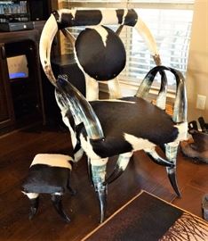Hide and horn chair with ottoman