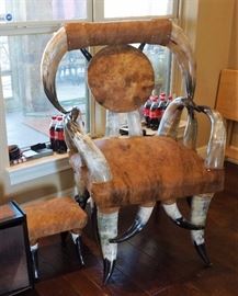 Hide and horn chair with ottoman