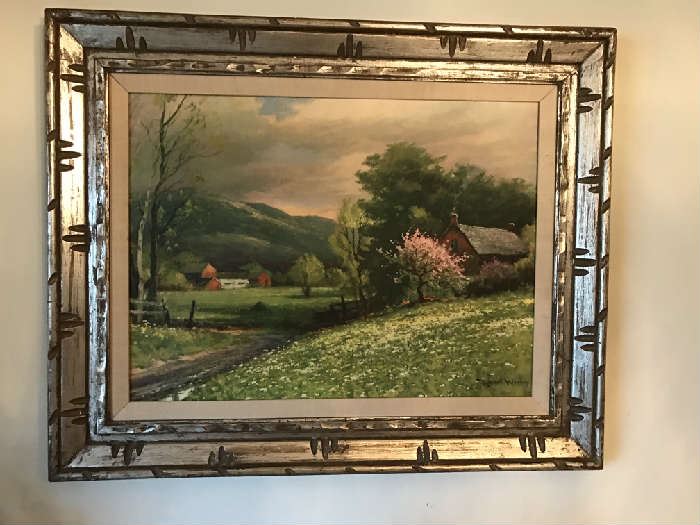 BUCOLIC PASTORAL OIL WITH SILVER LEAF FRAME TO PERIOD, SIGNED