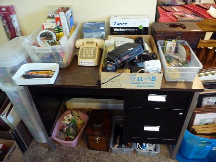 DESK, OFFICE SUPPLIES, SMALL ELECTRONICS, SEWING BOX