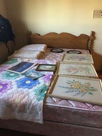 Queen mattress set, headboard, quilts, wall art